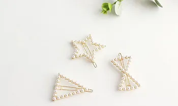 

New Korea Fashion Fresh And Sweet Geometric Five-pointed Star Triangle Bow Pearl Bangs Hairpin Women Girls Hair Styling Tool