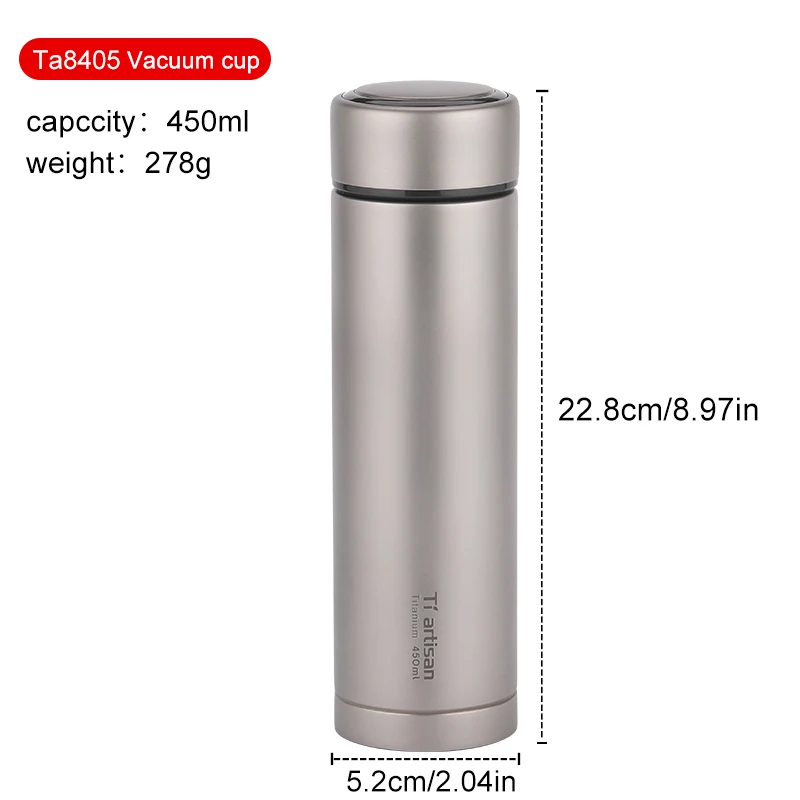 Silver Ta8405 Tiartisan чистый titanium портативная чашка для воды 450 мл кружка для чая кофе чайник бутылка для напитков с двойными стенками Вакуумная бутылка спортивная для - Цвет: Silver Ta8405