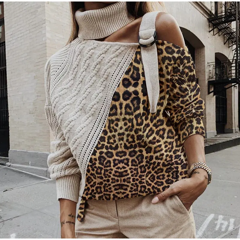 Европейский ремень лацканы женский свитер с открытыми плечами Леопардовый принт пэтчворк о-образный вырез женские джемперы Топы Модный женский пуловер