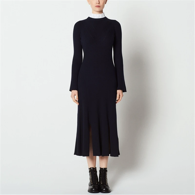 Tunjuefs, облегающее трикотажное платье с разрезом, для женщин, Vestido, с оборками, элегантное облегающее платье, Femme, пуловеры с длинным рукавом, Осень-зима