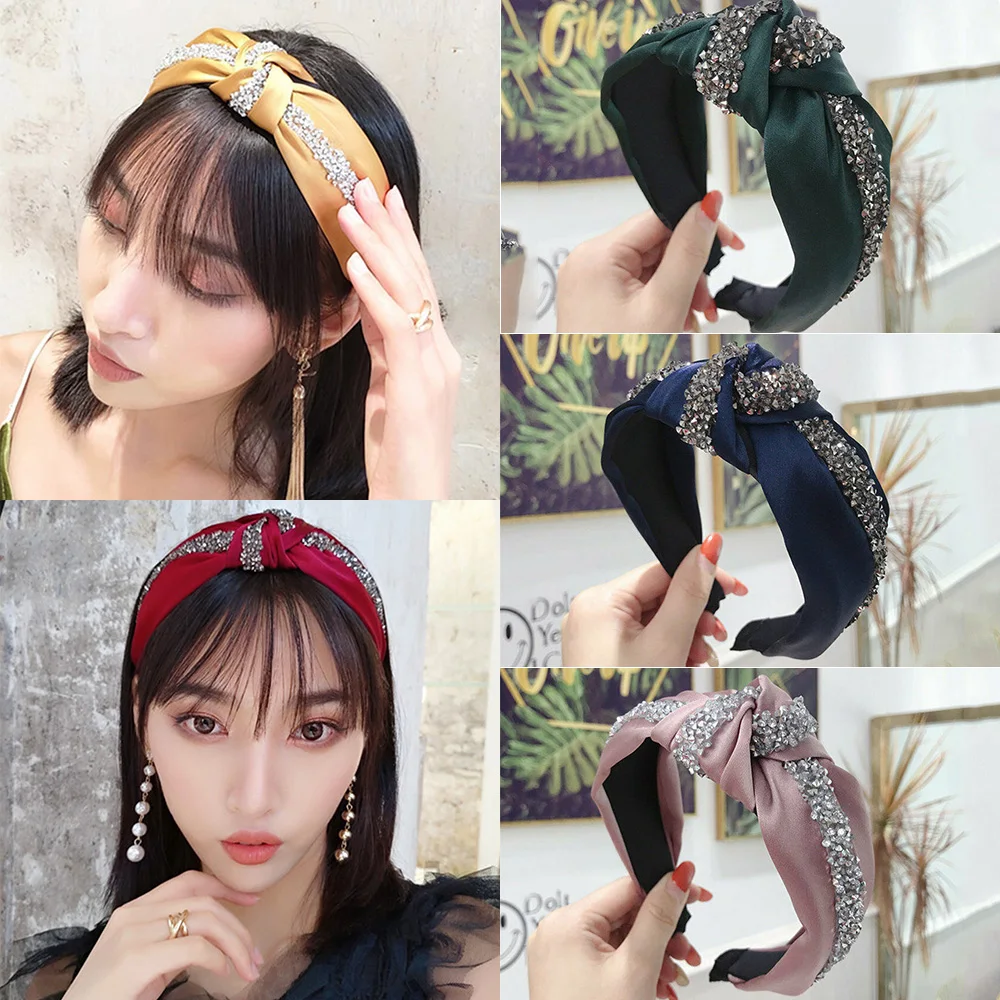 5 Colors Women's Tie Headband Silk Shiny Knot Headbands Crystal Knot Hair Band Women Patchwork Hoop Accessories Headpiece