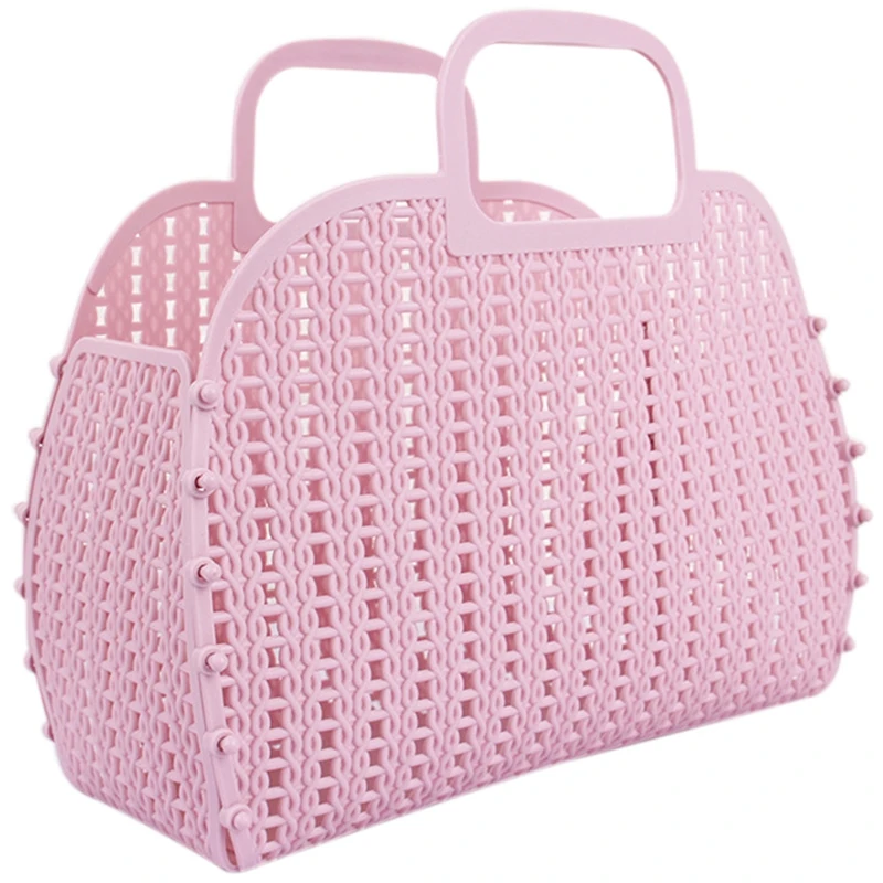 

Folding Practical Knit Portable Storage Basket Plastic Woven Basket Hollow Fruit Snack Basket Bag Bathroom Bath Basket