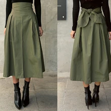 

Female Autumn Wild High Waist Big Swing Bow Slim Casual Army Green Skirts New Women Spring Skirts Fashion Solid Color Long Skirt