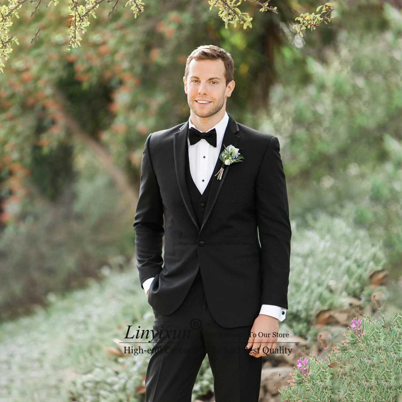 

Classic Black Mens Suits Wedding Groom Tuxedos Slim Fit Banquet Blazer 3 Piece Set Groomsmen Jacket Vest Pants Terno Masculino
