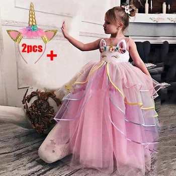 

2020 Long Unicorn Dress With Hair Hoop Kids Dresses Girls Children Girl Princess Dress Party Wedding Dress 10 12 Year Vestidos