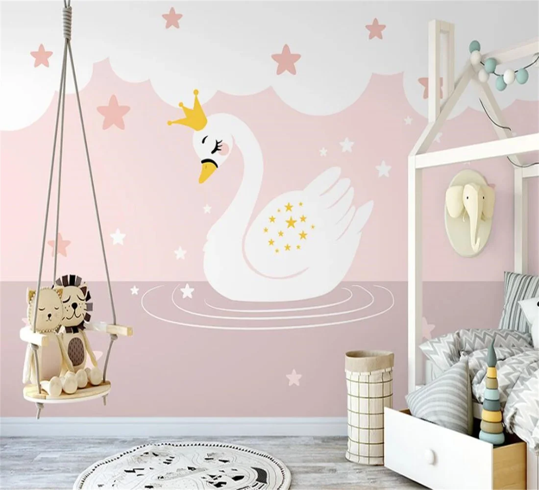 

Customized cartoon 3d wallpaper hand-painted pink cartoon swan children's room interior background wall decoration 3d wallpaper