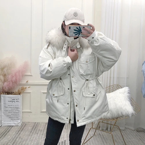 Beige-Beige Fur AYUNSUE/белая куртка-пуховик для женщин, корейское зимнее пальто, женское пуховое пальто, куртка-пуховик с воротником из меха енота и собаки YY1518 - Цвет: Beige-Beige Fur