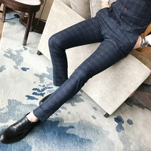 Бутик моды клетчатый мужской повседневный деловой костюм брюки жениха свадебное платье мужские синие брюки