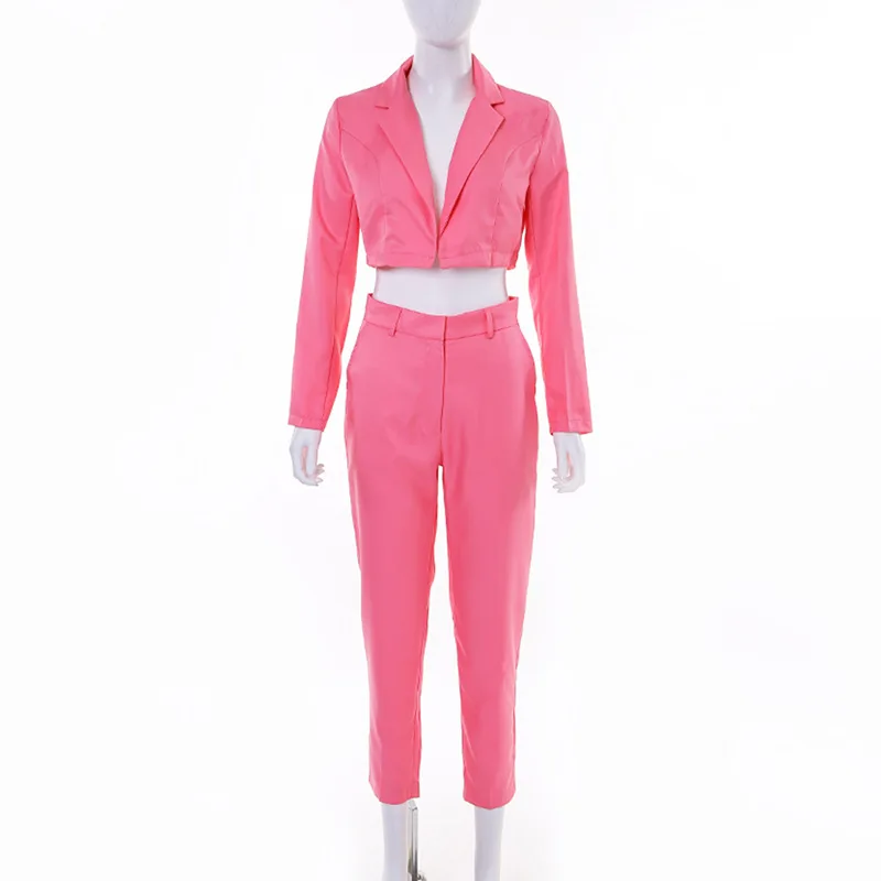 Женский брючный костюм и элегантный пиджак, модный осенний офисный комплект, Женский деловой Блейзер, Классический неоновый розовый черный короткий брючный костюм