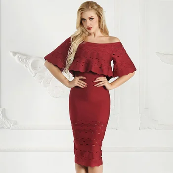 

2020 New Women Sexy Off Shoulder Maroon Wine Red Rayon Elastic Celebrity Bandage Dress Bodycon Midi Club Party Dresses Drop Ship