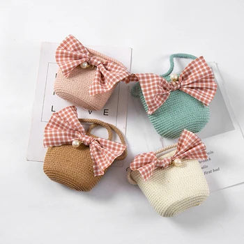

Kids Summer Straw Messenger Bags Cute Bow Mini Beach Shoulder Crossbody Pouch Fashion Bohemian Handbag For Women Children