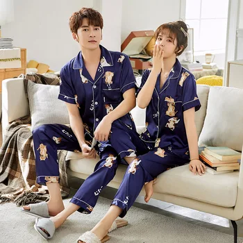 

Smmoloa Summer Women Silk Pajamas Sets Couple Sleepwear 2 Pieces Couple Pijama Turn-down Collar