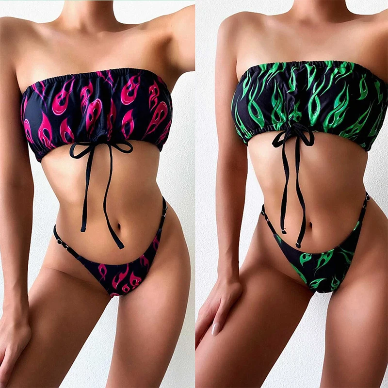 Fire Print Swimsuit Set Women Bandeau Bikini High Cut Swimwear Female Two Piece Bathing Suit Sexy Beach Backless Bikinis New | Женская