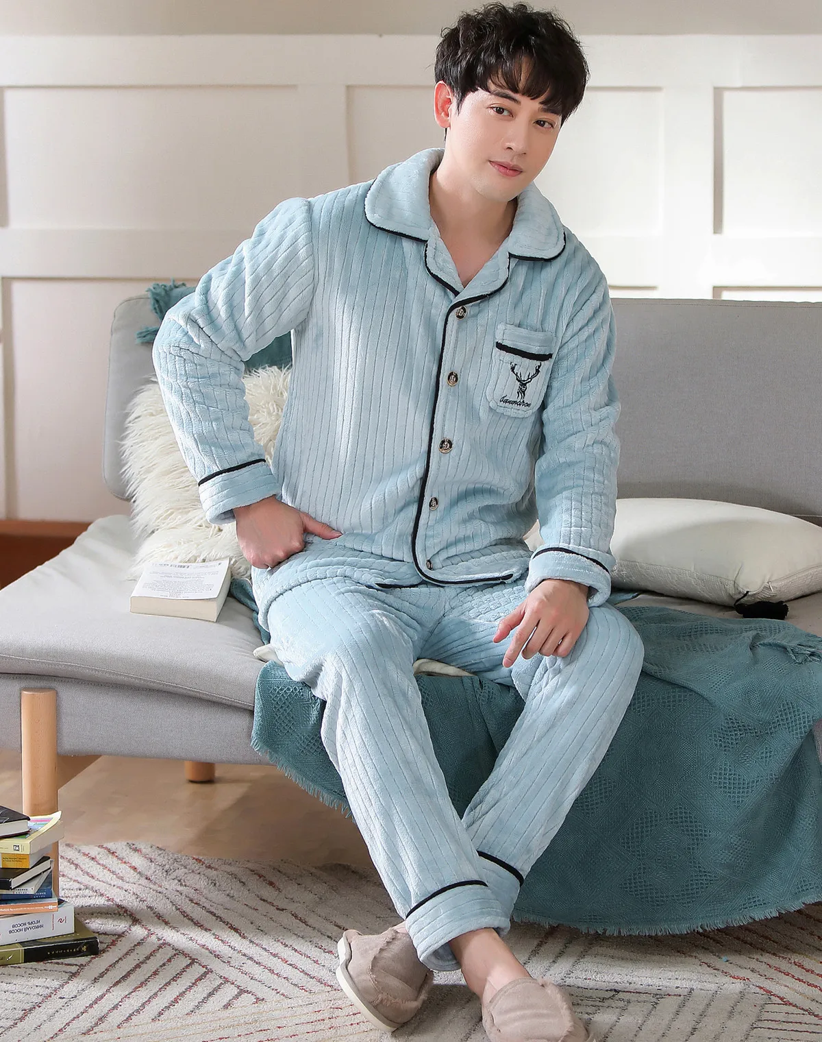 mens silk pajamas Plus Size 3XL Grey Nightwear Long Sleeve Winter Thicken Warm Flannel Pajamas Sets Soft Sleepwear Long Pant Male Men Pajamas Sets mens brushed cotton pyjamas