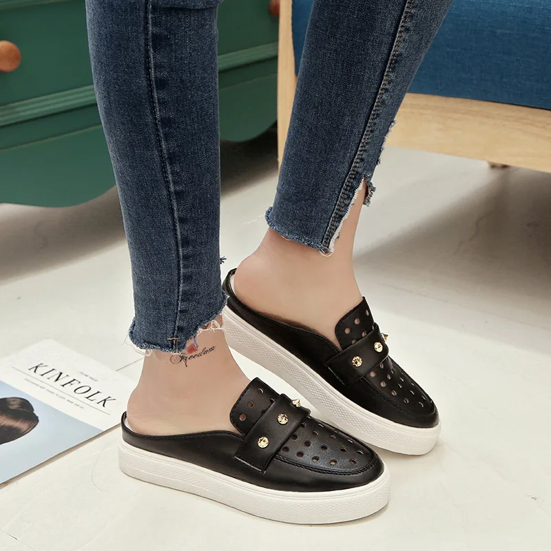 

Summer New Style Breathable Thick Bottomed Slipper Women's Korean-style Students Lazy No Heel Slipper White Shoes Breathable Clo