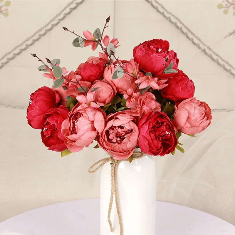 

1Bunch artificial flowers Wedding Vintage European Peony Wreath Silk Fake Flowers Heads Home Festival Decoration 13 Branches