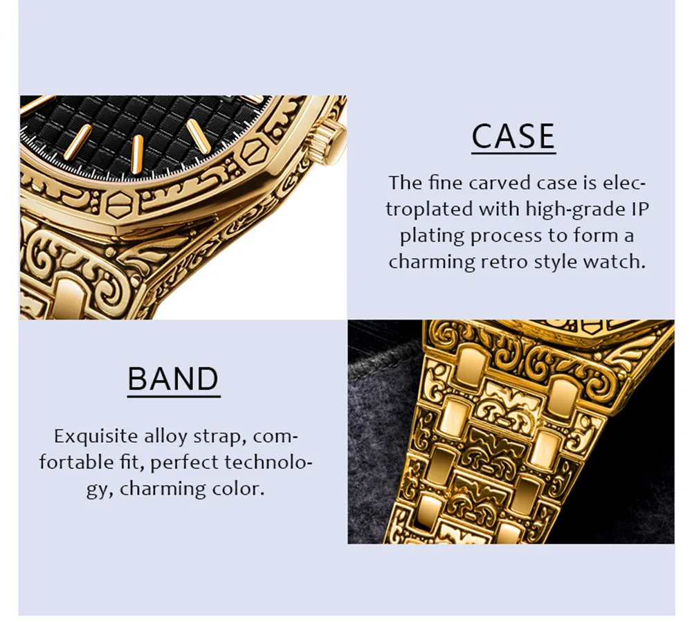 Waterproof Vintage Carved Watch Original Steel Band Wristwatch Fashion Classic Designer Luxury Golden Watch