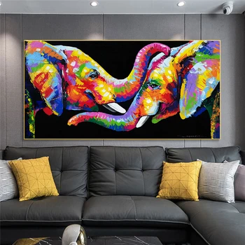 

Colorful Elephant Oil Paintings on Canvas Wall Art Posters and Prints Couple Elephants Cuadros Pictures for Living Room Decor