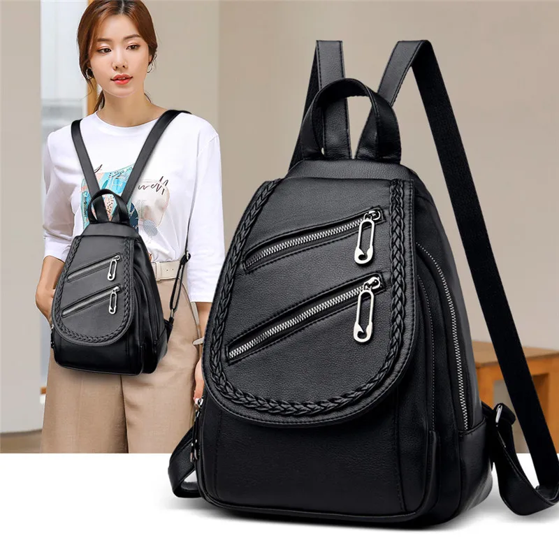 

Chic Black Women Backpack Double Zipper Decoration PU Leather Lady Chest Shoulder Travel Back Bag Quality Girls Backbag Mochila
