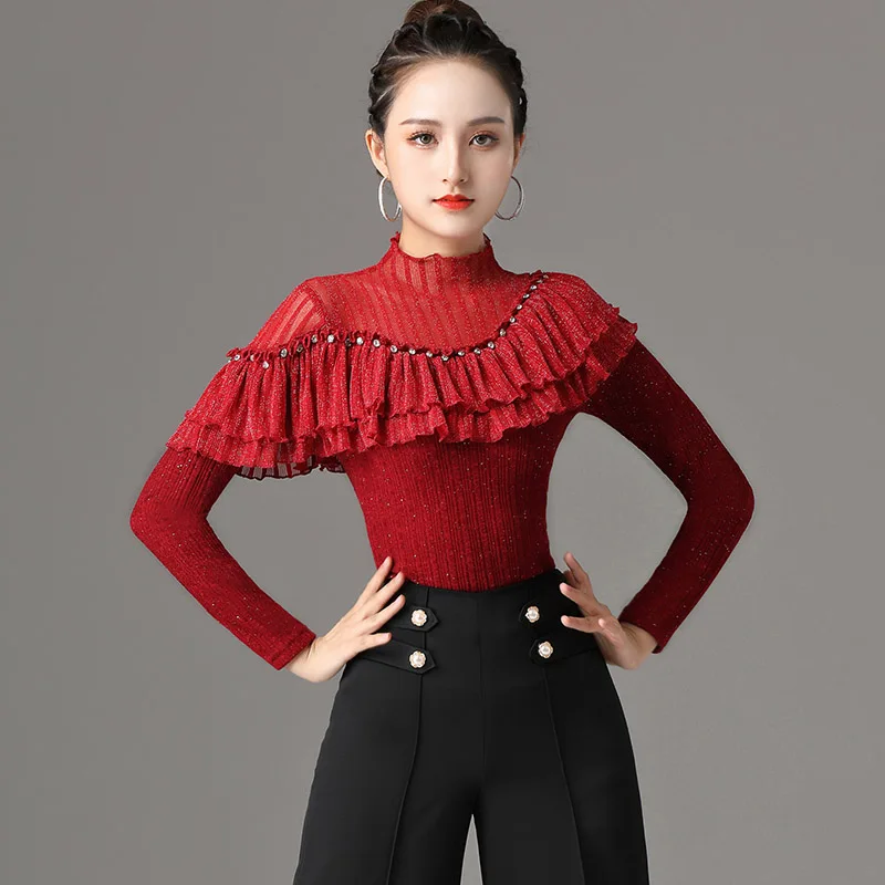 

Fall Latin Dance Clothing For Women Mesh Ballroom Practice Wear Salsa Dancewear Samba Dance Outfit Performance Costume DL7262