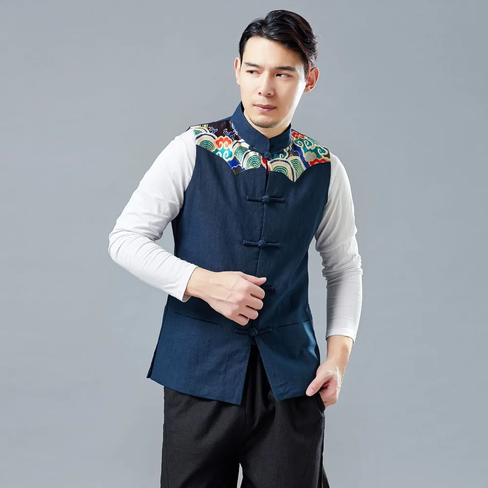 LZJN 2019 Men's Summer Waistcoat Chinese Style Print Patchwork Linen Button Down Kung Fu Shirt Sleeveless Vest Jacket (19)