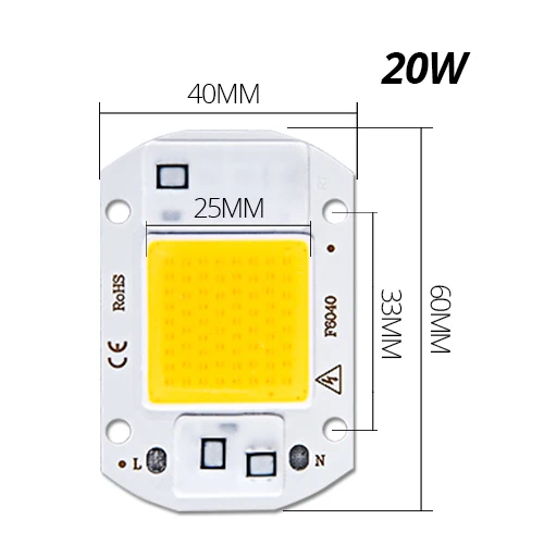 Светодиодный чип COB 50 Вт, 30 Вт, 20 Вт, 10 Вт, 3 Вт, 5 Вт, 7 Вт, 9 Вт, мощный светодиодный чип, 220 В, Диодная лампа, мощный светодиодный s светильник, матричный светильник для наводнения, точечный светильник - Испускаемый цвет: 20W COB