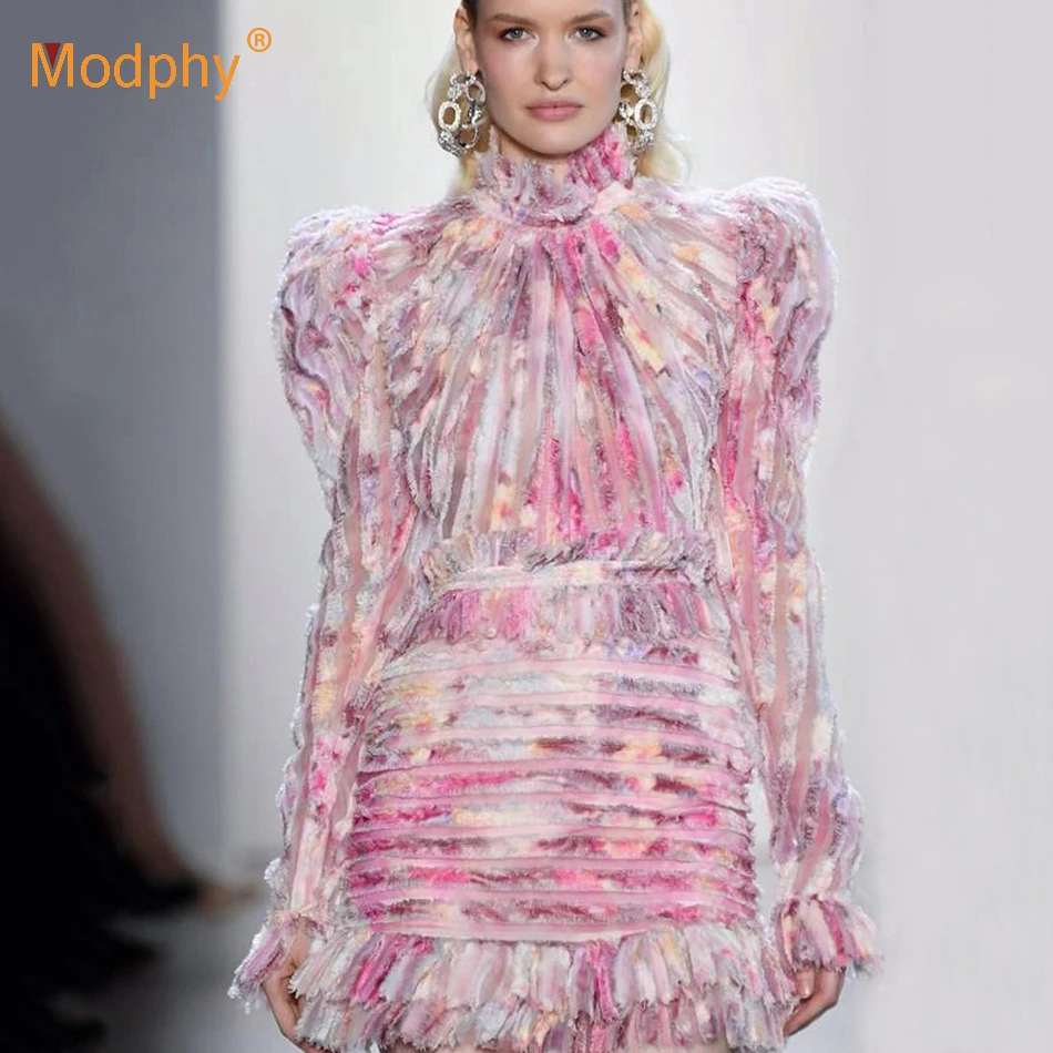 Осень-зима 2019 новое модное женское платье с длинным рукавом цветы оборки