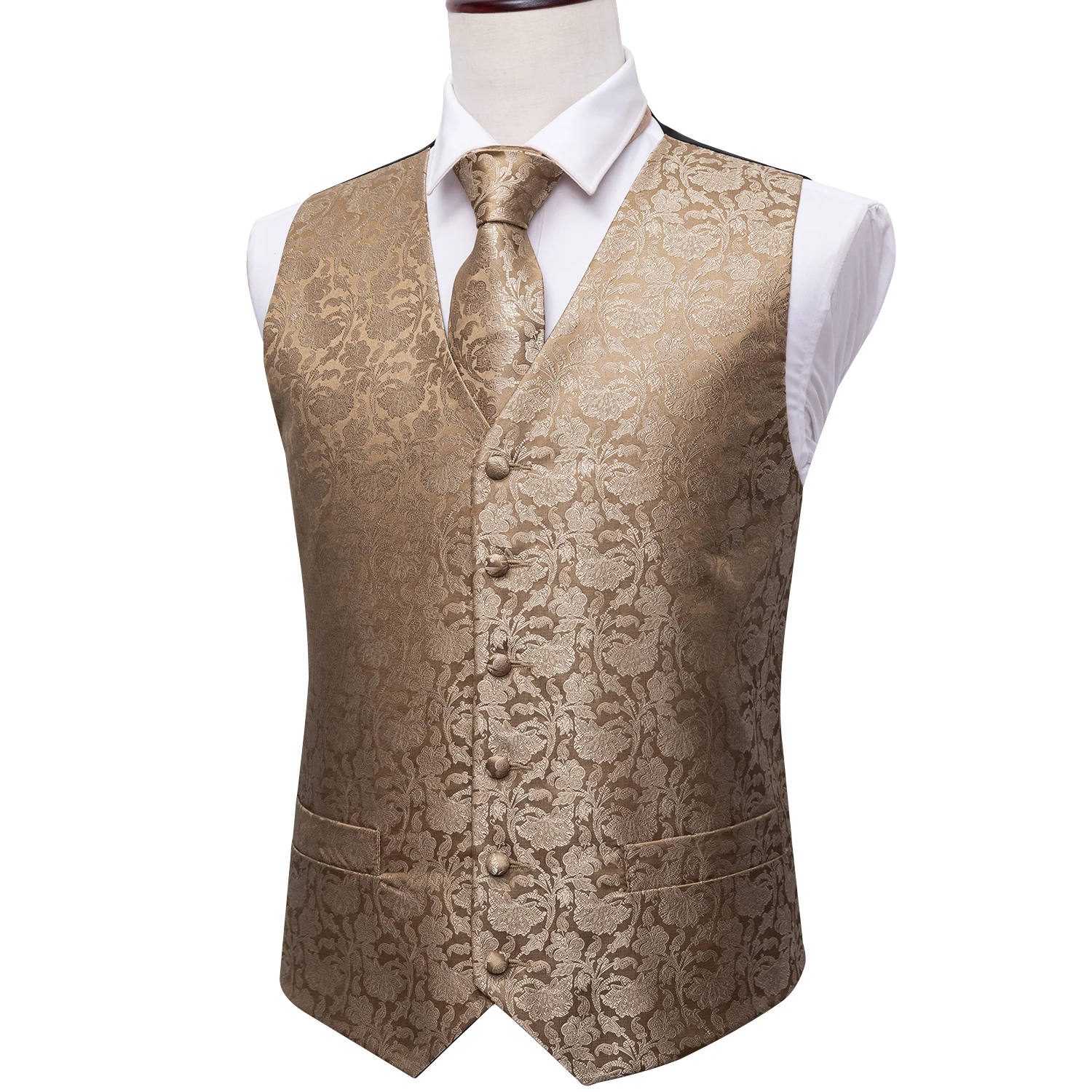 Suit-Vests Formal Waistcoat Floral V-Neck Silk Barry.wang Camel Handkerchief-Set Cufflinks