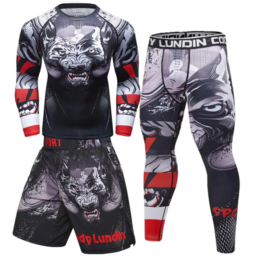 Men Compression Sport Suit Quick Dry Fitness Clothing Set MMA BJJ Boxing Muay Thai Shorts Rashguard Training Running Sportswear