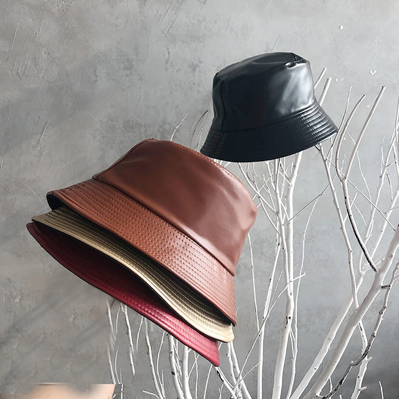 2022 New Faux Leather Bucket Hat Women Reversible Pu And Cotton Soild Sun Hat Fashion Autumn Waterproof Fisherman Hat white fur bucket hat