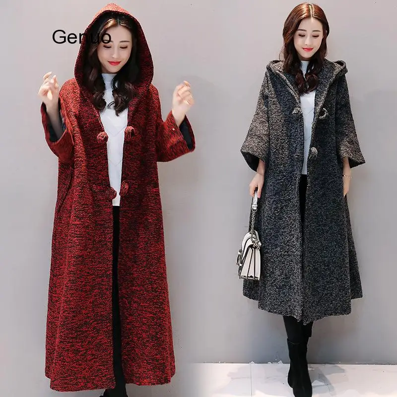 Women 2020 Korean New Autumn Winter Bat Sleeve Wool Blends Coat  Long Hooded Loose Cardigan Woolen Jacket Outwear