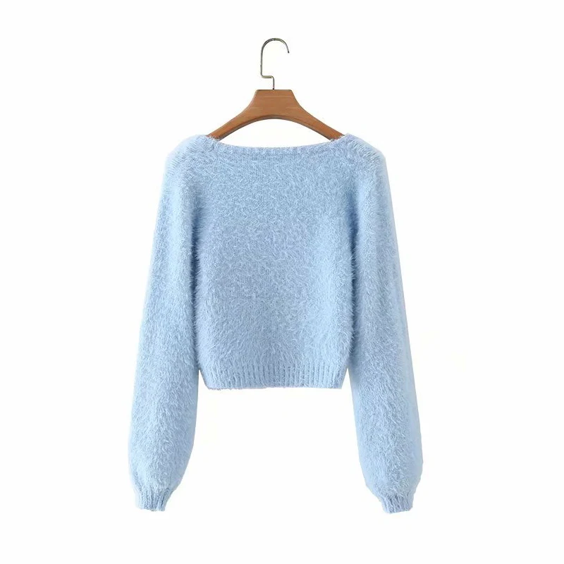 New Women Winter Blue O-Neck Plush Floret Knitted