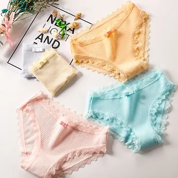 

Japanese Thread Cotton Bow Underwear Women's Cotton Sexy Lace No Trace Girl Students Low Waist Briefs