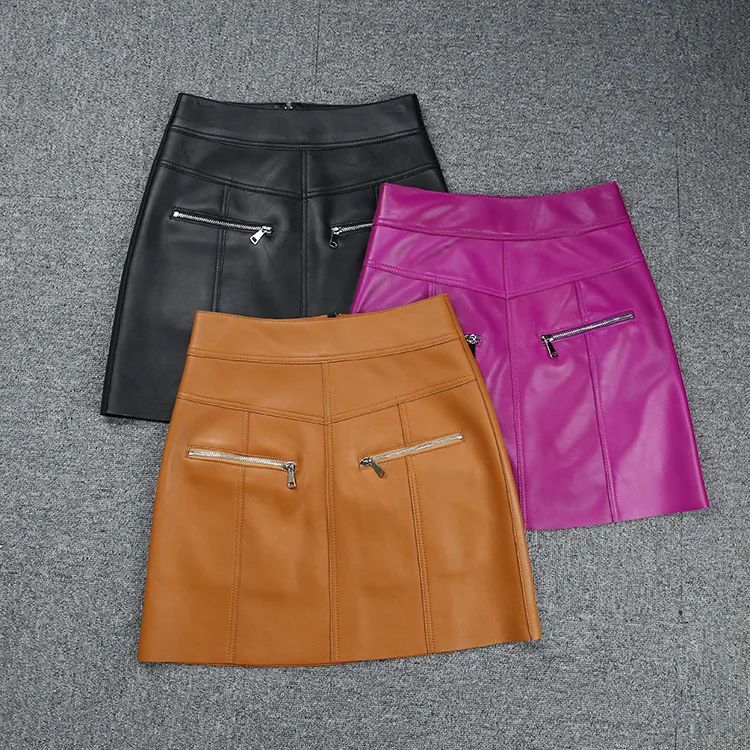 xsjpzh spring 2023 women s wrap hip pencil pants elastic sexy low rise hip hip pants peach hip pants small zipless fitness pants Spring Women's Genuine Leather A-shape Mini Skirts High Quality Sheepskin High-rise Skirt C169