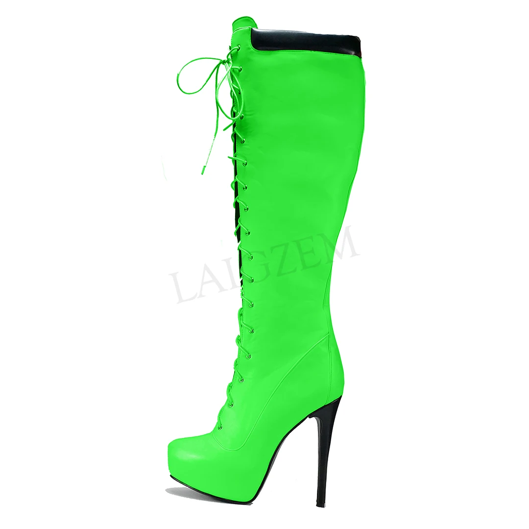 LAIGZEM/Высота платформы по колено; сапоги на высоком каблуке-шпильке; зимние расклешённые сапоги на заказ; женская обувь; Botines Mujer; большие размеры 50, 51, 52