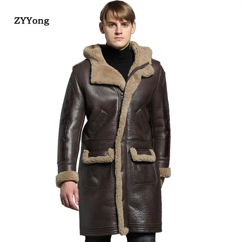 2020 Winter Warm Men  Long section Sheepskin Leather Coats Long Sleeve Solid Zipper Brown Long Causal Thick  Jackets M-XXXXL for iphone 14 vili gv series magsafe magnetic zipper leather phone case brown