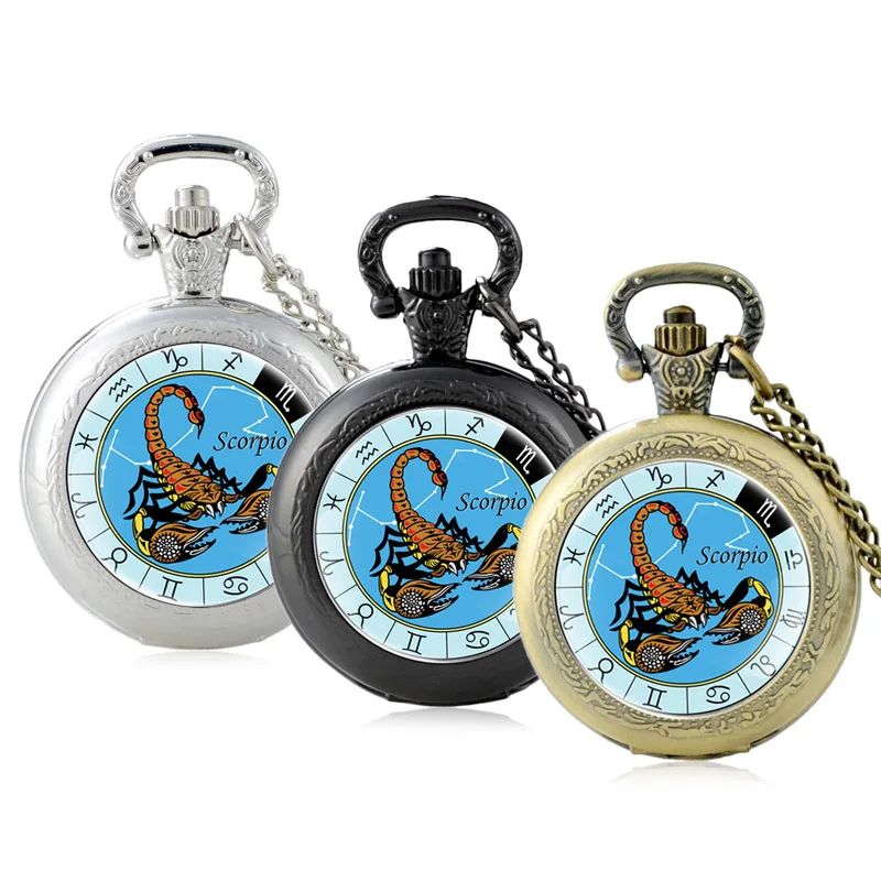 

Classic Fashion Astrology Scorpio Glass Cabochon Quartz Pocket Watch Vintage Men Women Pendant Necklace Chain Hours Clock