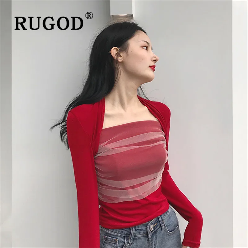 RUGOD, корейский стиль, винтажный Топ, женская одежда,, элегантные Джемперы, для девушек, на каждый день, контрастный цвет, с сеткой, Прошитые топы, модные