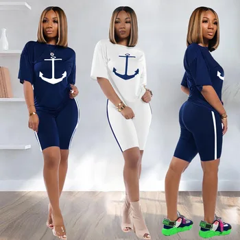 

Boat Anchor Print Two Piece Set Top and Short Women 2020 Summer New T-shirt + Biker Shorts Sets 2 Pieces Outfits Tracksuit Suits