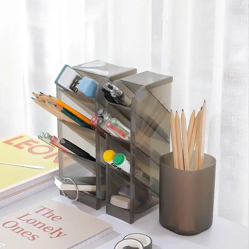 

Sale 1PC Pencil Storage Case 4 Grid Plastic Box School Multi-function Clear Office White Grey Desktop Pen Holder Organizer