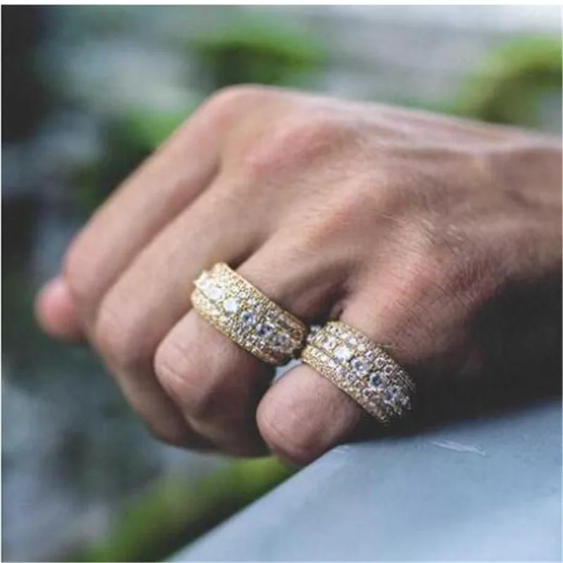 

5 Row Tennis Iced Out Bling Full CZ Charm Hollow Tready Copper Cubic Zircon Ring For Men Hip Hop Jewelry Gold Silver Size 8-11