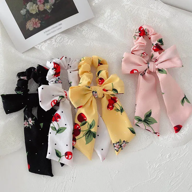 

Sweet Cherry Floral Print Bow Knotted Hair Rope Scrunchies Women Ponytail Scarf Plaid Printed Hair Ties Ribbon Hair Accessories