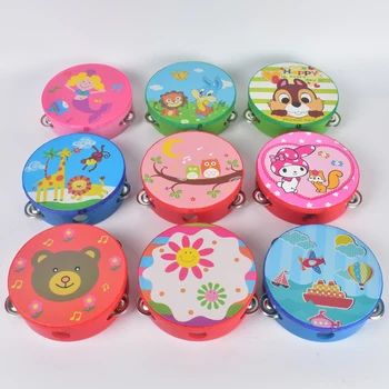 

Candice guo wooden toy wood style drum hand music rattle mobile cartoon pattern Kindergarten dance shake bell baby gift 2pcs/lot