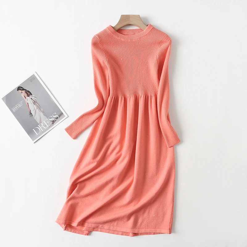 Tangada женское винтажное Золотое трикотажное черное платье стрейч с круглым вырезом и длинным рукавом женское вязаное платье миди YU63 - Цвет: Розовый