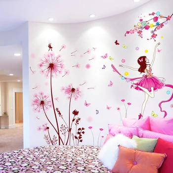 

[shijuekongjian] Pink Dandelions Flowers Wall Stickers DIY Caroon Girl Wall Decals for Living Room Kids Bedroom Home Decoration