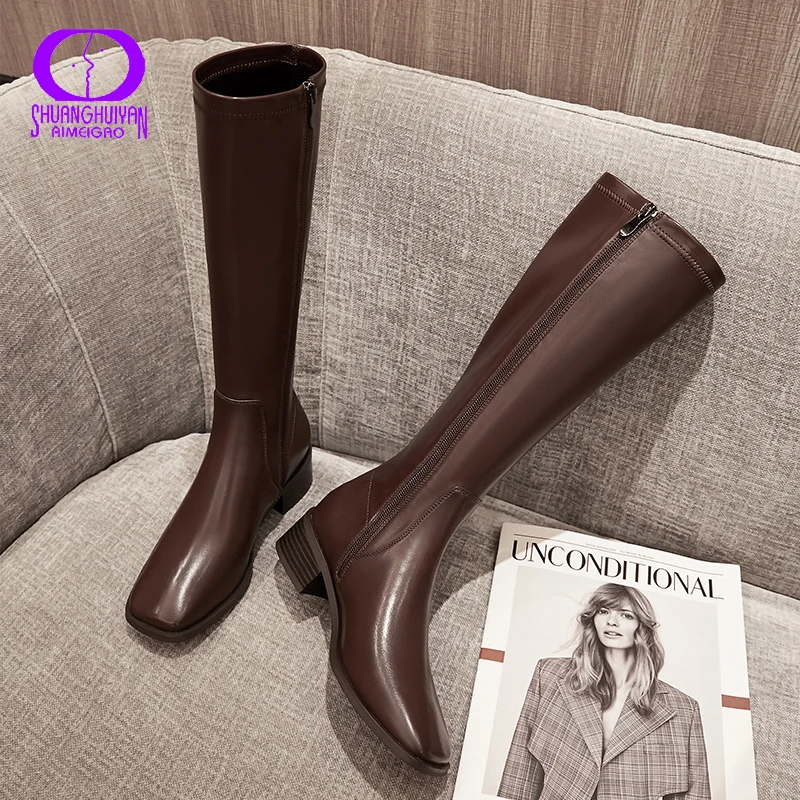 

AIMEIGAO Winter Warm Plush High Boots Women 2020 Casual Fleece Genuine Leather Shoes Female Square Toe Med Heels Boots Mid-Calf