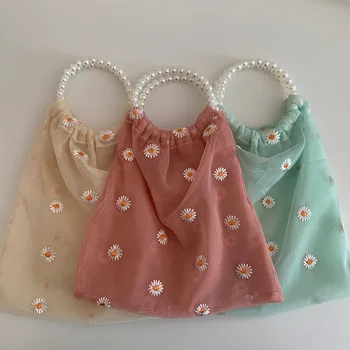 

Mesh Tote Bags Women Mesh Handbag Transparent Shopper Bags Daisies Embroidered Shoulder Bag Reusable Handbags Foldable Tote Bag
