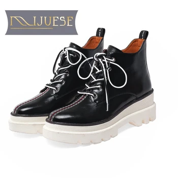 

MLJUESE 2021 women ankle boots soft Cow leather winter short plush lace up round toe high heels equestrian boots party dress