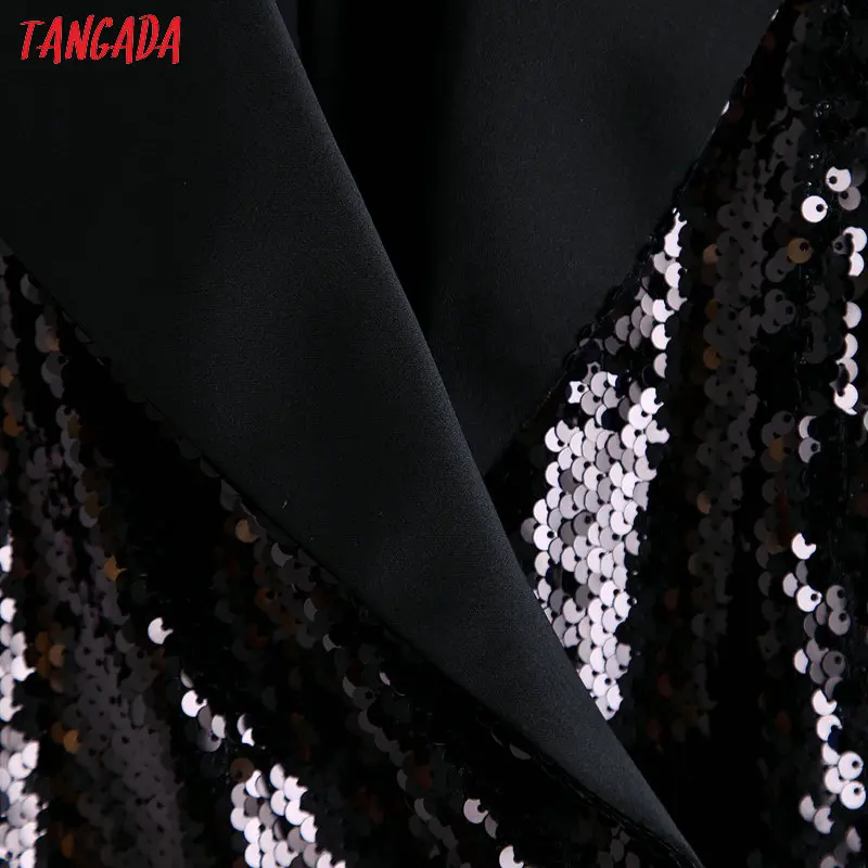 Tangada, женское сексуальное черное платье-блейзер с блестками, блестящее платье с длинным рукавом и галстуком-бабочкой, женское Новогоднее платье для вечеринки, vestidos BE88
