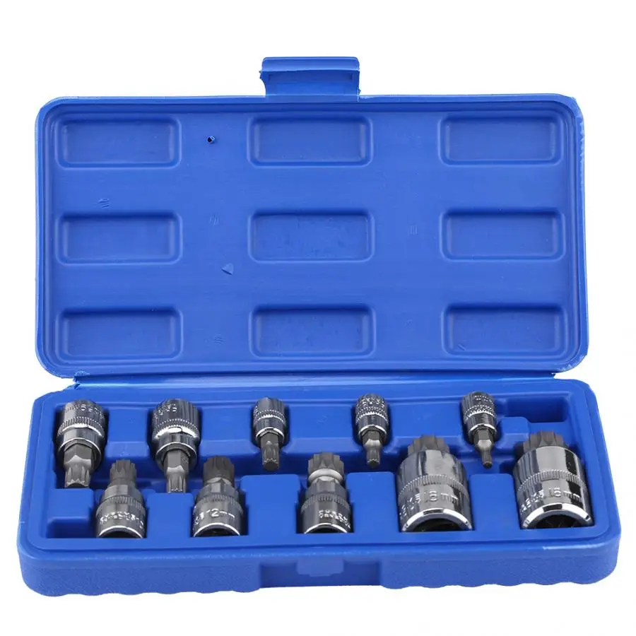 

10Pcs CR-V 12 Point Triple Square Splined Drive Bit Socket Set M4-M18 1/4" 3/8" 1/2" Car Automobile Repair Tool Kit